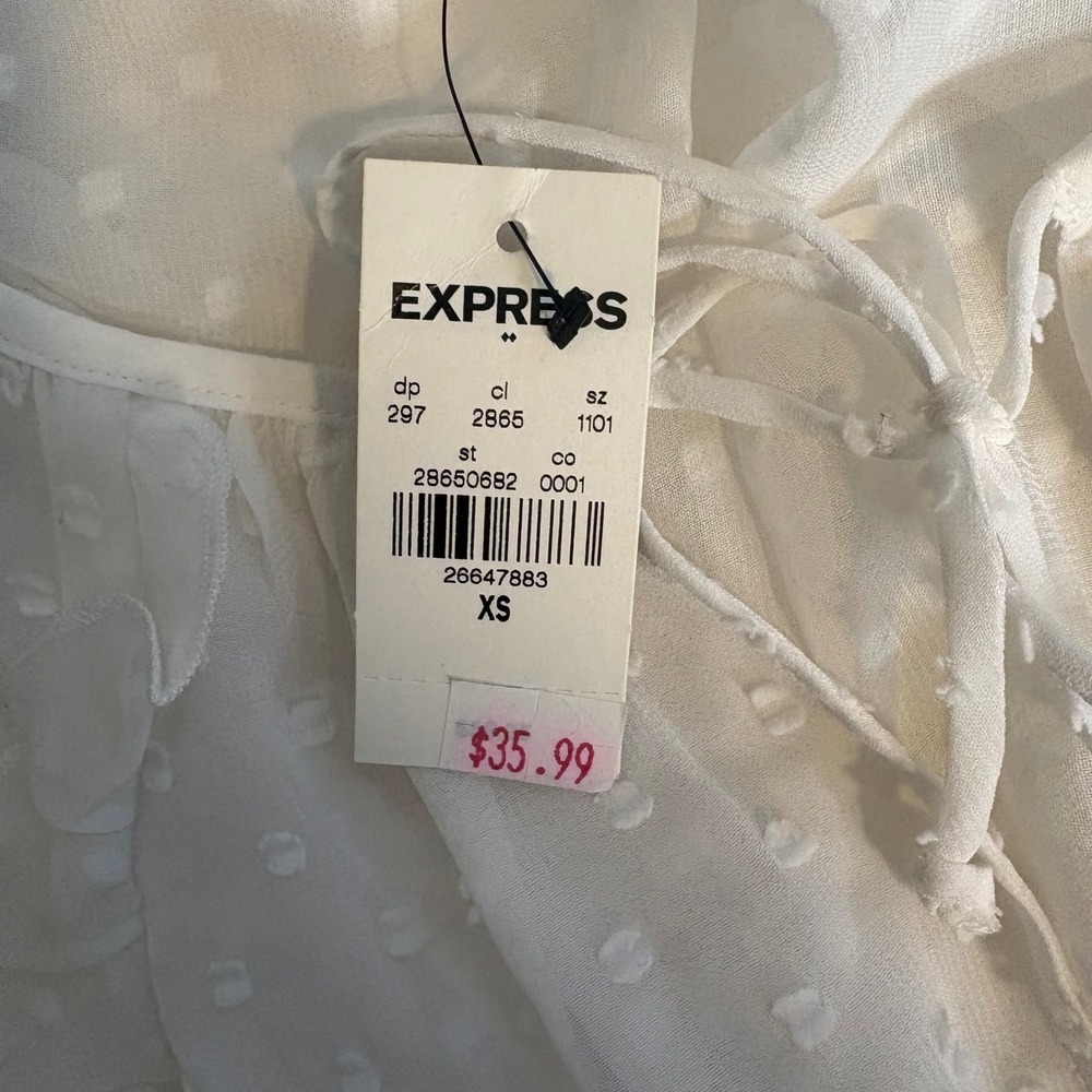 Express Swiss Dot Ruffle Blouse Womens XS White Sheer Boho Cottagecore NWT - Picture 6 of 7